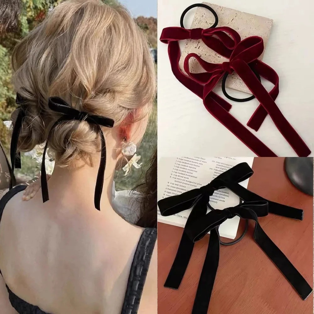 Hair Tie Velvet - 2Pcs Fashion Black Velvet Bow Hair